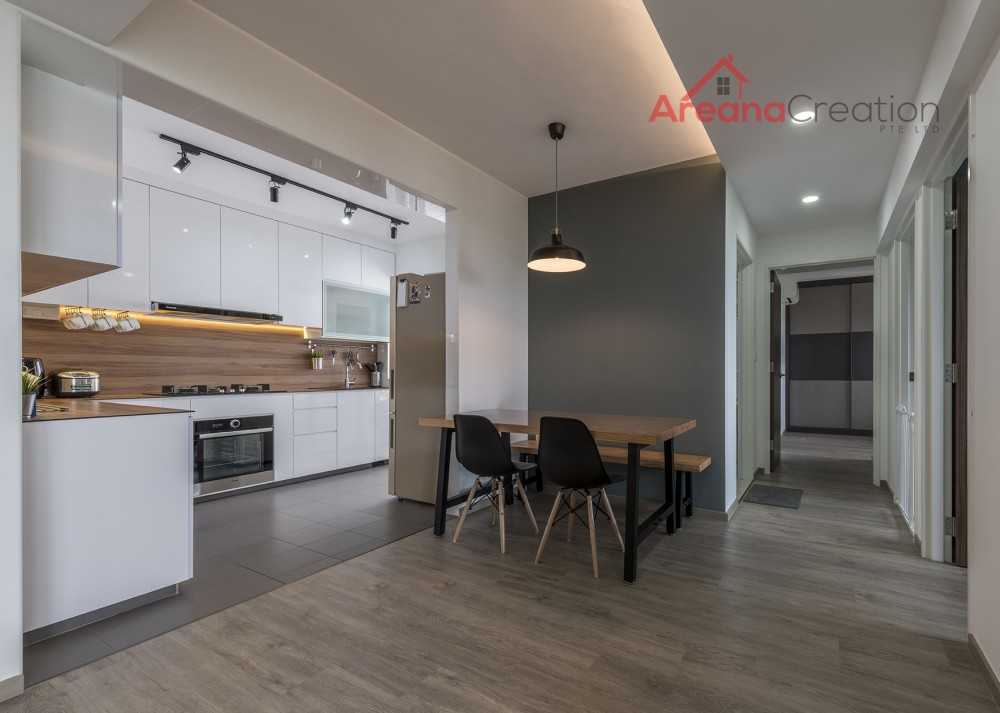 Contemporary Dining Room with Drop Light and Downlights