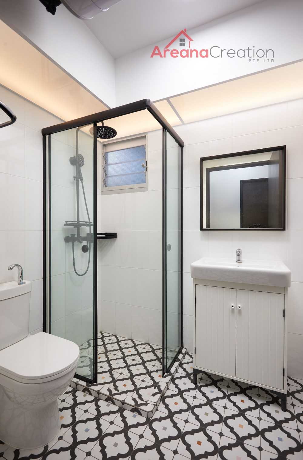Scandinavian Bathroom with Homogeneous Tiles and Herringbone Tiling