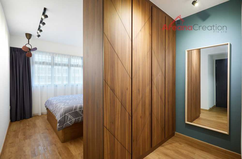 Scandinavian Bedroom with Wood Flooring and Ceiling Light