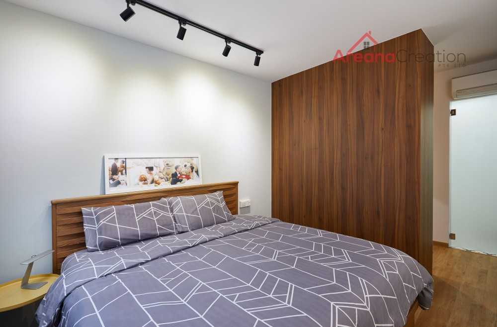Scandinavian Bedroom with Herringbone Tiling and Drop Light