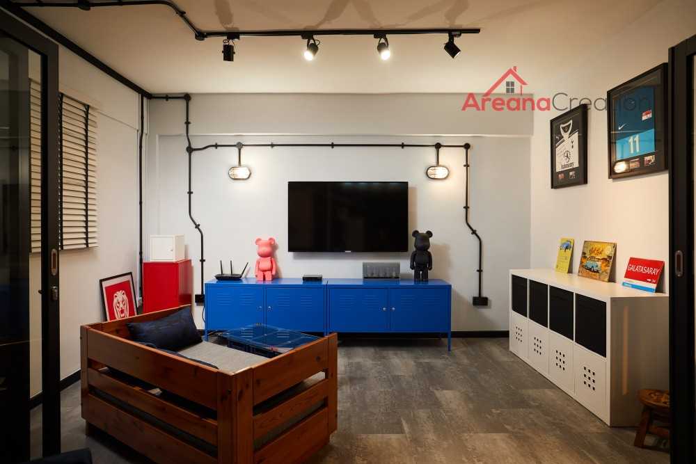 Industrial Living Room with TV Console and Feature Wall