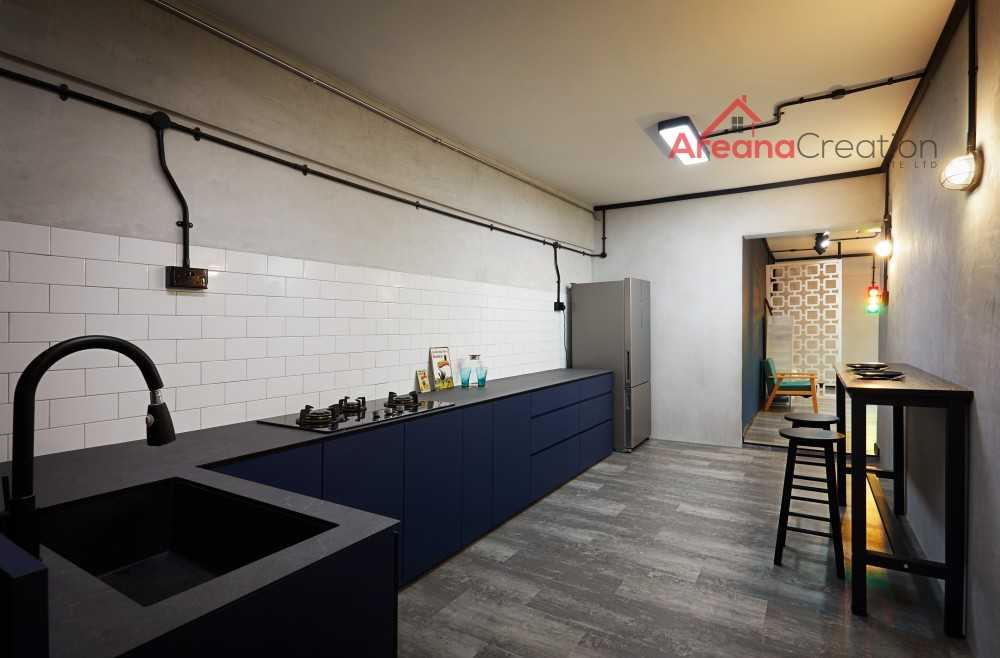 Industrial Kitchen with Wood Flooring and Kitchen Window