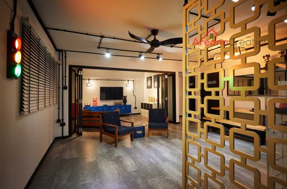 Industrial Living Room with TV Console and Feature Wall