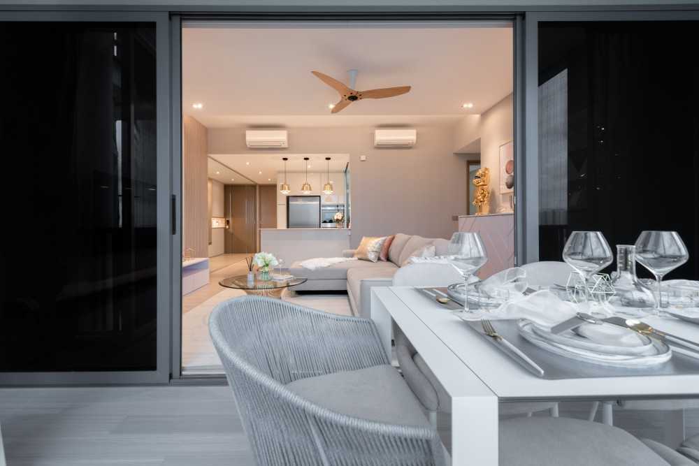 Scandinavian Balcony with Curtain and Outdoor Table