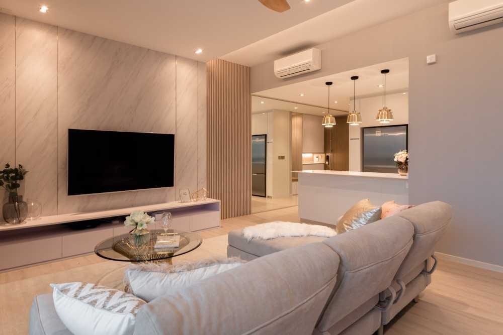 Scandinavian Living Room with Vinyl Flooring and Feature Wall