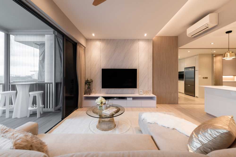 Scandinavian Living Room with TV Console and Feature Wall