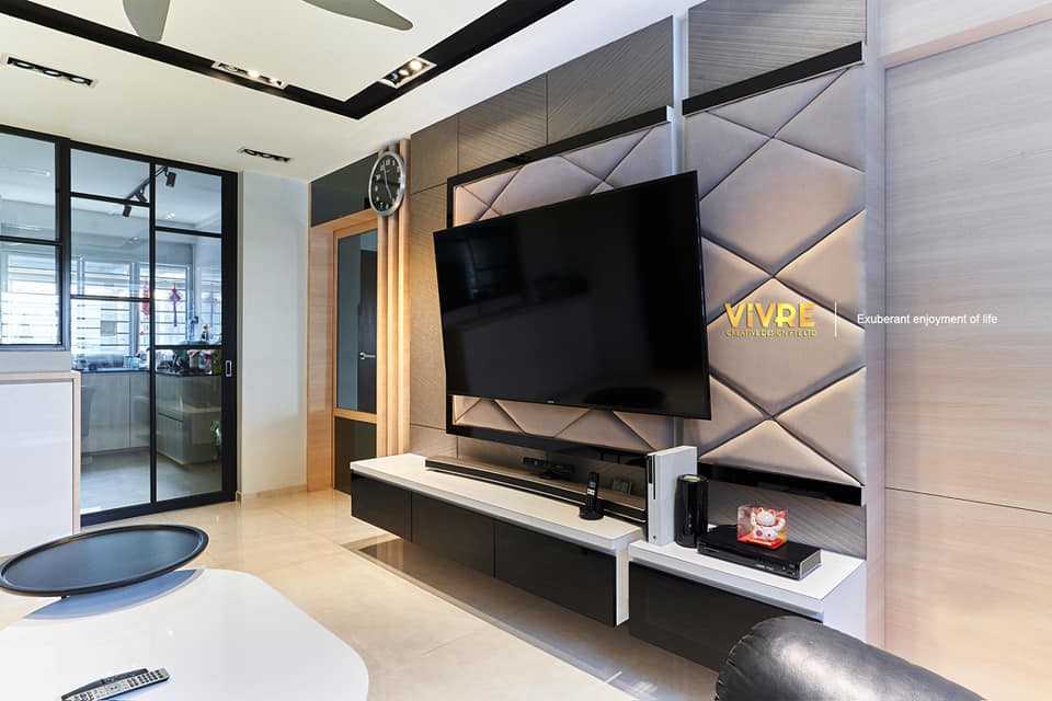 Modern Living Room with Homogeneous Tiles and TV Console