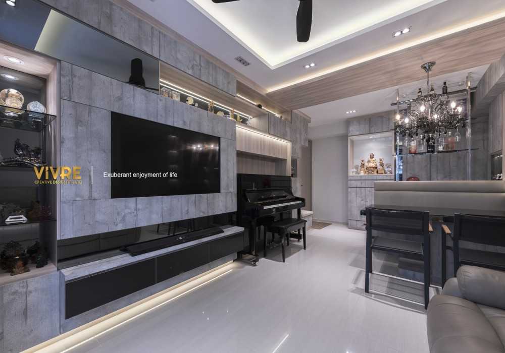 Asian Living Room with TV Console and Feature Wall