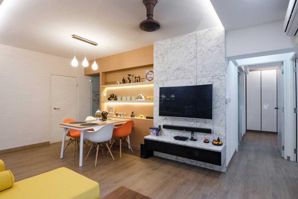 Scandinavian Living Room with TV Console and Feature Wall