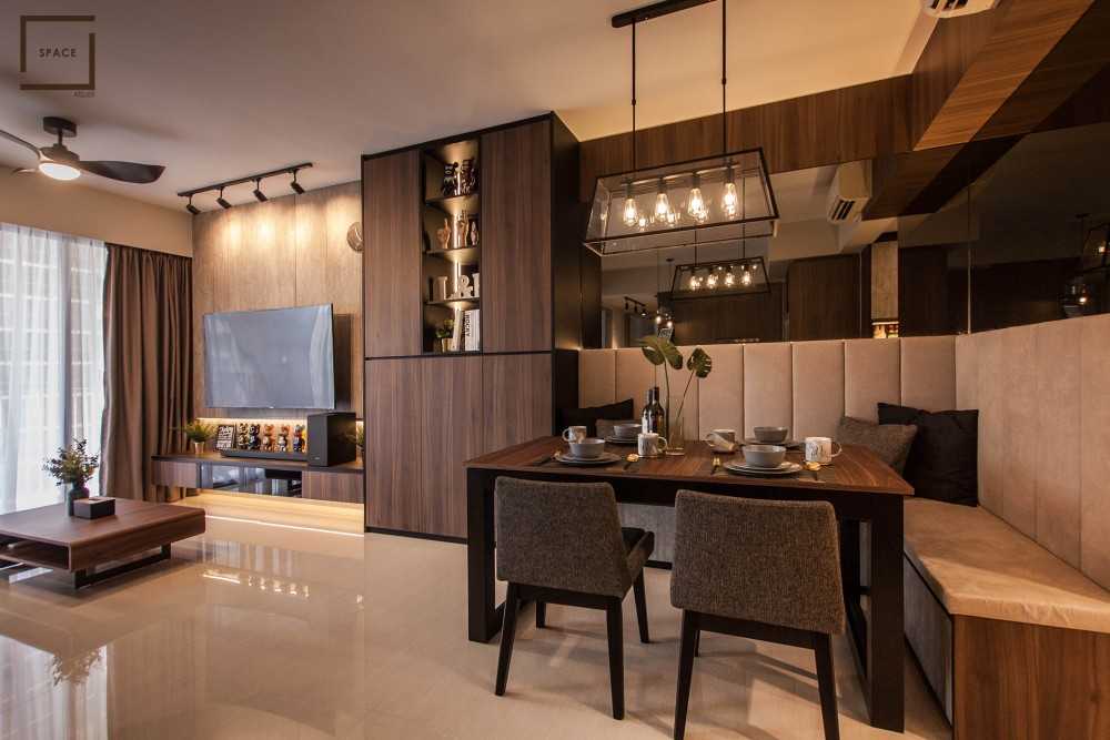 Industrial Dining Room with TV Console and Drop Light