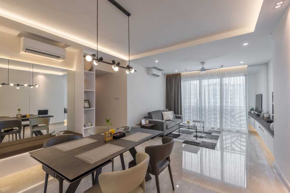 Eclectic Dining Room with Marble Floor and Mirror