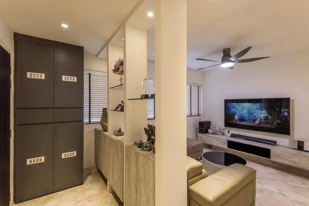 Minimalist Foyer with TV Console and Drop Ceiling