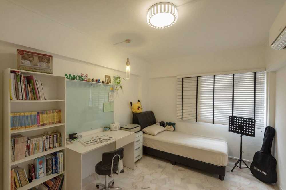 Minimalist Bedroom with Bookshelf and Marble Floor