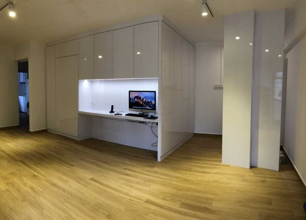 Asian Living Room with Feature Wall and Shoe Cabinets