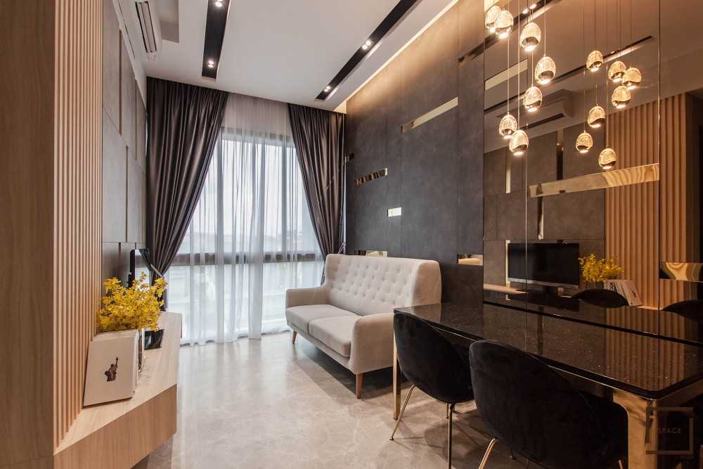 Contemporary Living Room with Homogeneous Tiles and TV Console