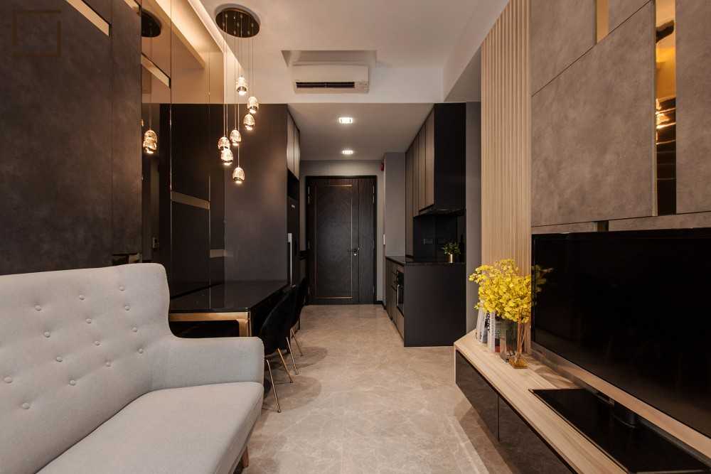 Contemporary Living Room with Homogeneous Tiles and TV Console