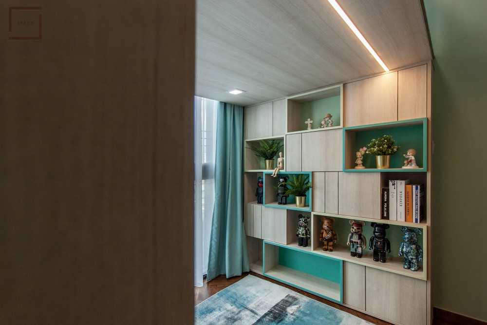 Contemporary Bedroom with Bookcases and Shelving Units