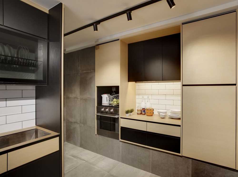 Modern Pantry with Cement Floor and Tableware