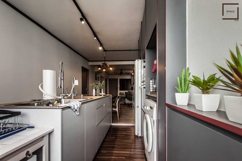 Industrial Kitchen with Cupboard and Open Kitchen