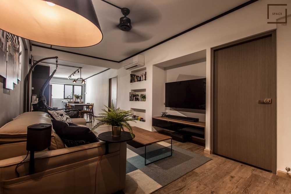 Industrial Living Room with Parquet Floor and TV Console