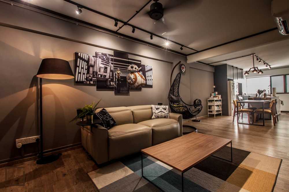Industrial Living Room with Parquet Floor and Ceiling Light