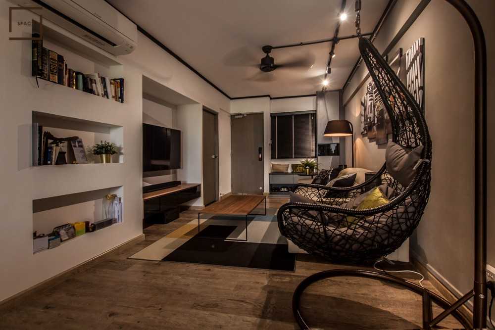 Industrial Living Room with Parquet Floor and TV Console