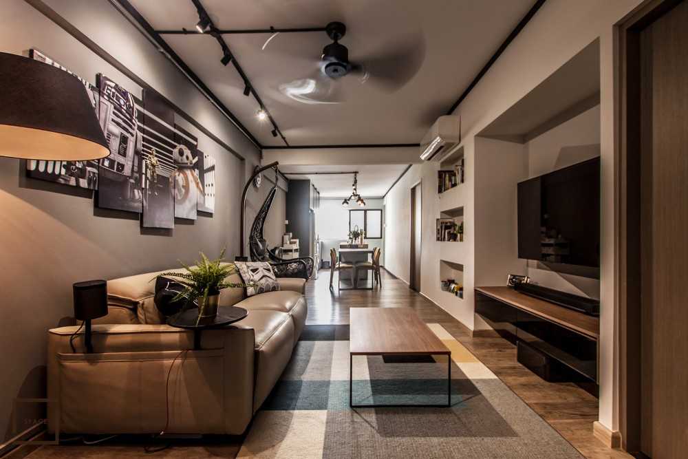 Industrial Living Room with Parquet Floor and Carpet