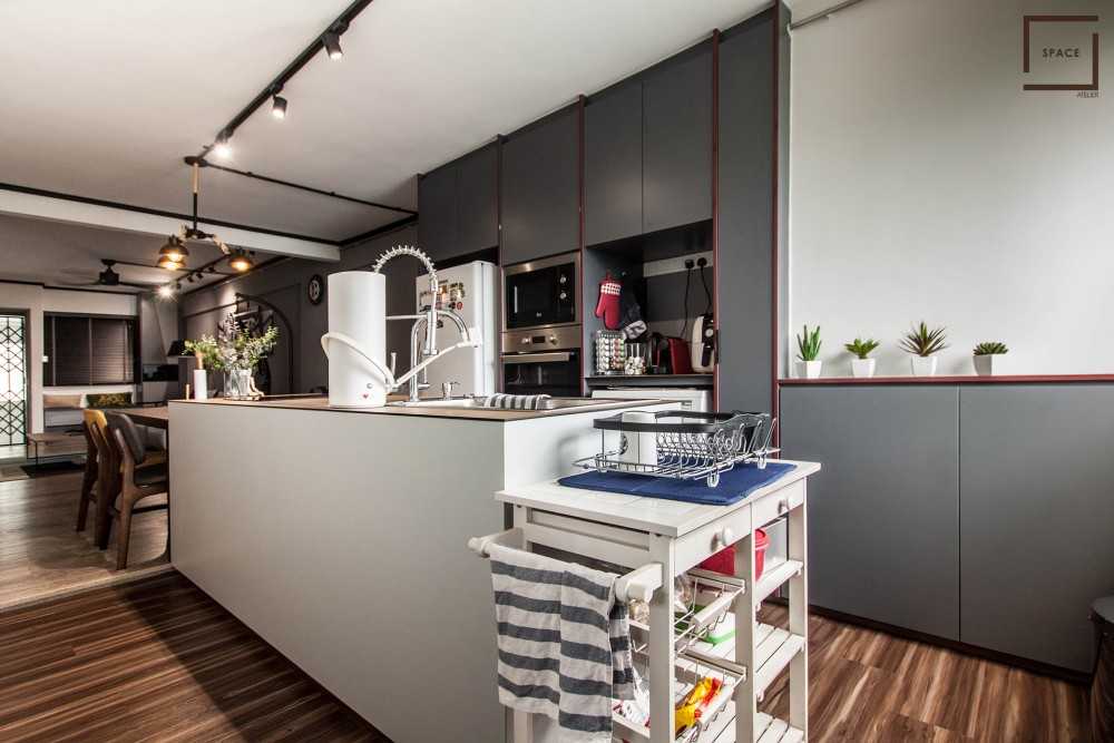 Industrial Kitchen with Cupboard and Open Kitchen
