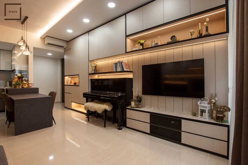 Scandinavian Living Room with Homogeneous Tiles and TV Console