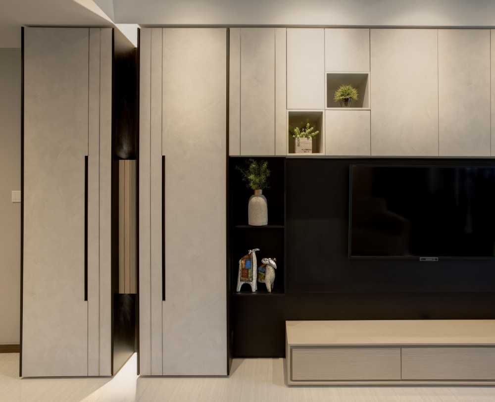 Modern Living Room with Bookshelf and Ceiling Light