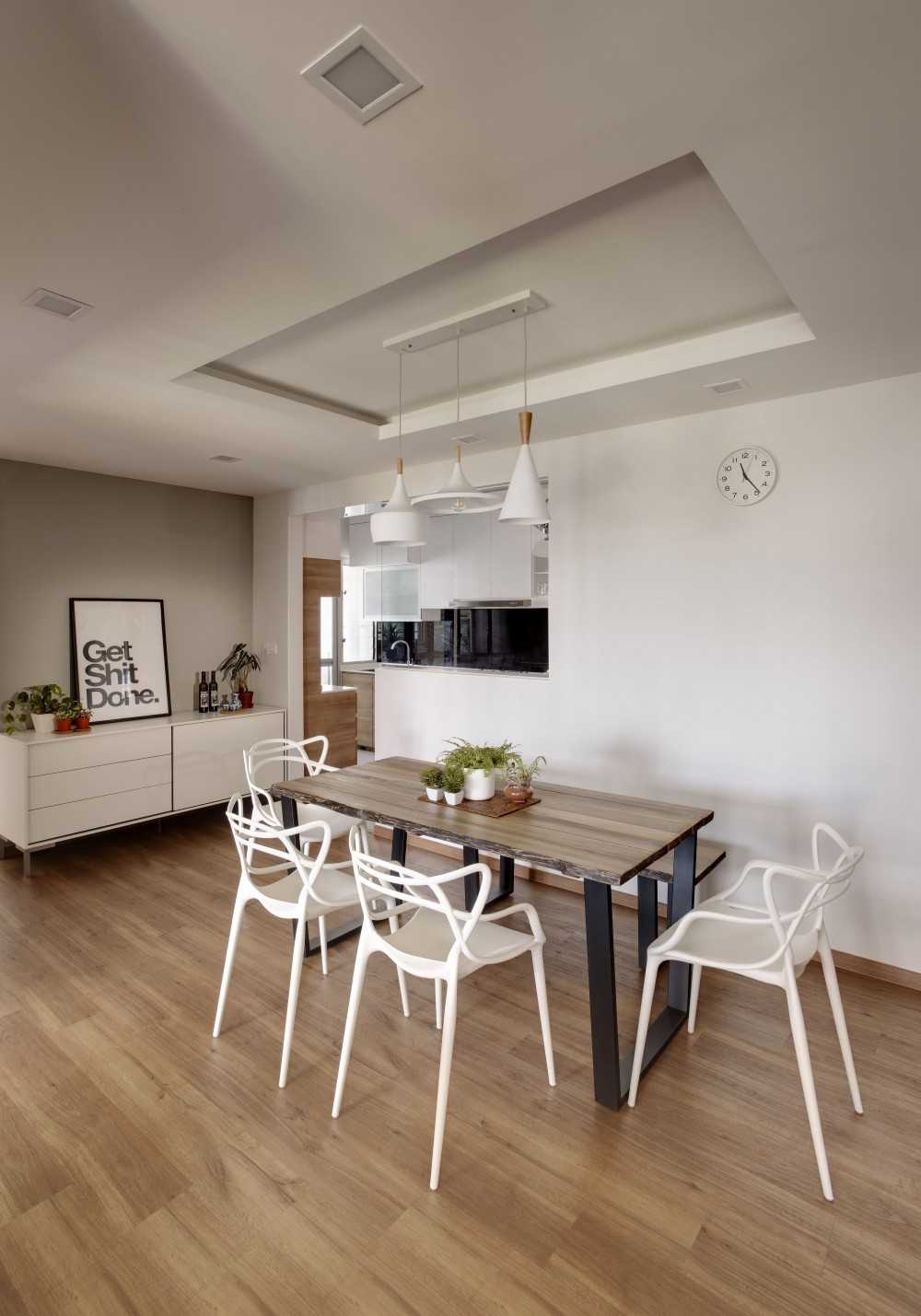 Scandinavian Dining Room with Vinyl Flooring and Ceiling Light