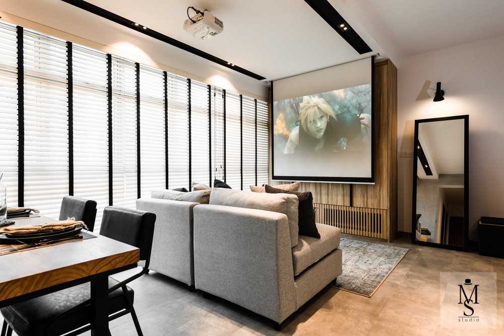Industrial Living Room with TV Console and Feature Wall