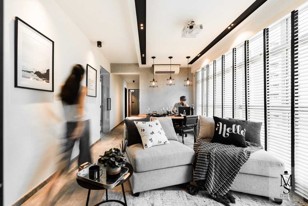Industrial Living Room with TV Console and Display Cabinets