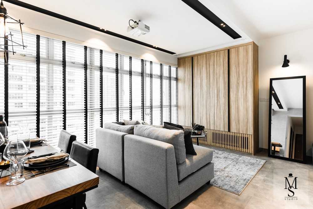 Industrial Living Room with TV Console and Cove Lighting