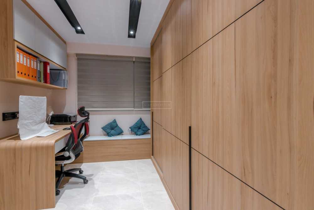 Scandinavian Bedroom with Bookshelf and Homogeneous Tiles