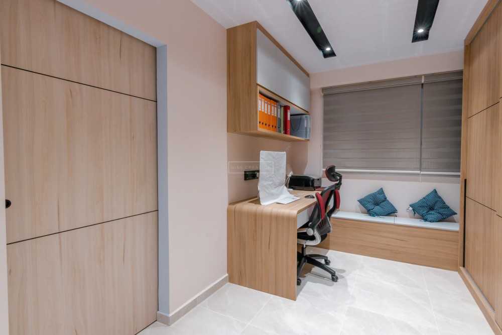 Scandinavian Bedroom with Bookshelf and Homogeneous Tiles
