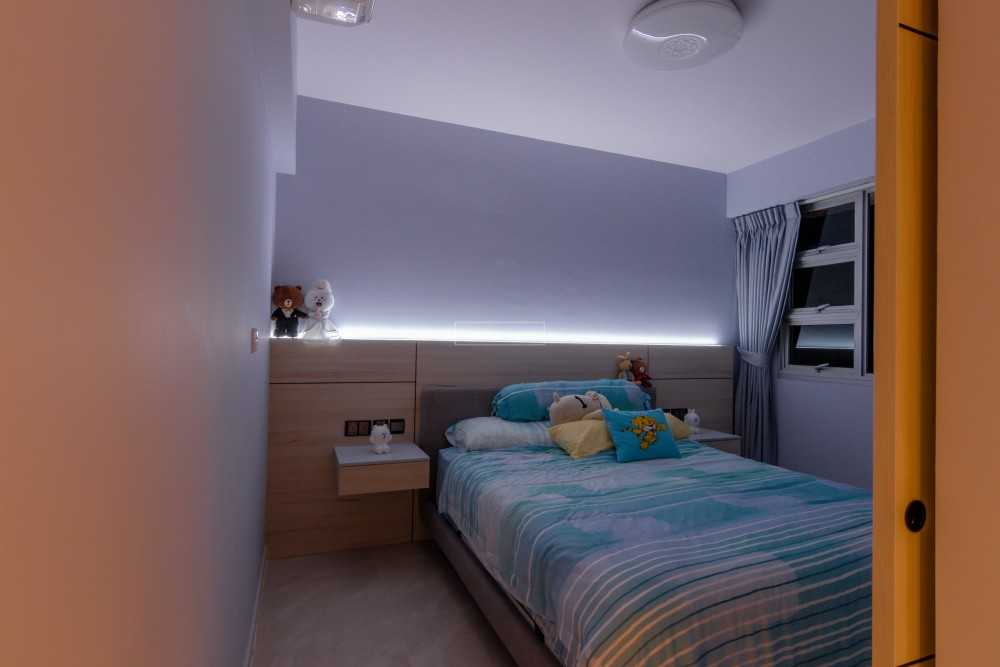 Scandinavian Bedroom with Homogeneous Tiles and Ceiling Light