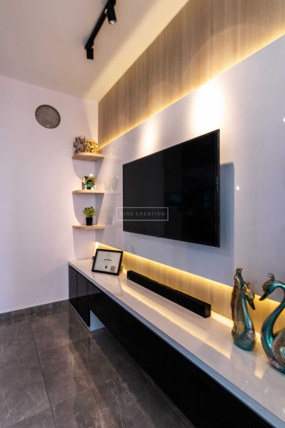 Contemporary Living Room with Homogeneous Tiles and TV Console