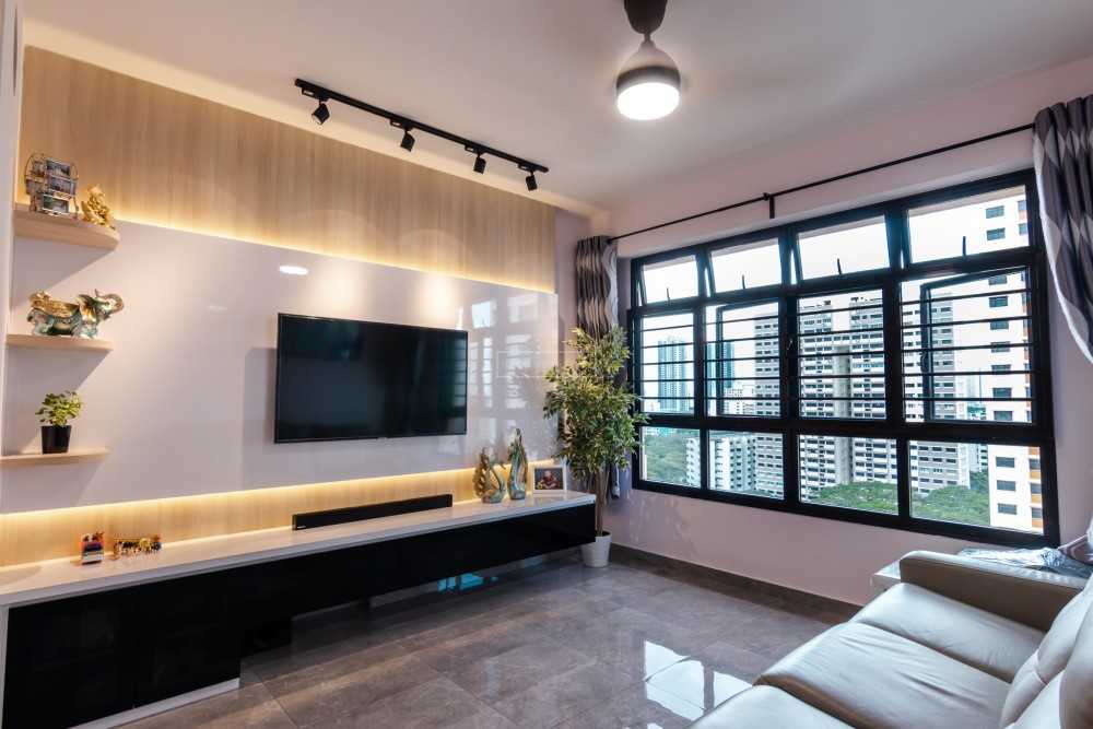 Contemporary Living Room with TV Console and Feature Wall