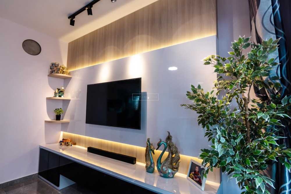 Contemporary Living Room with TV Console and Feature Wall