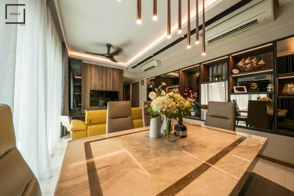 Contemporary Dining Room with Drop Light and Dining Table