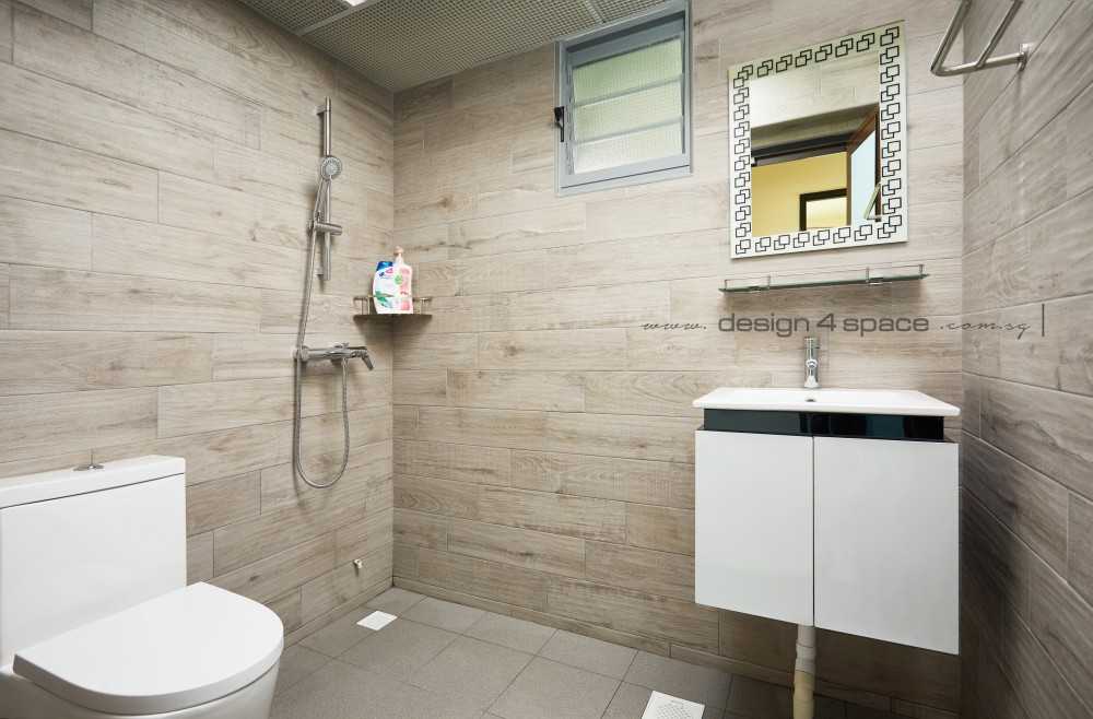 Contemporary Bathroom with Cement Floor and Wood Flooring