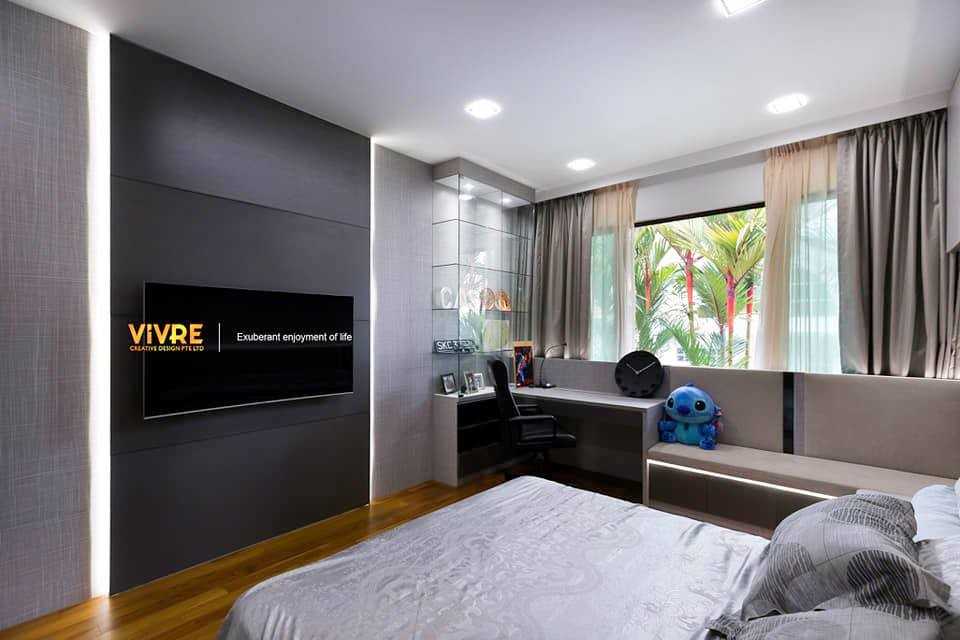 Modern Bedroom with Bookshelf and Parquet Floor