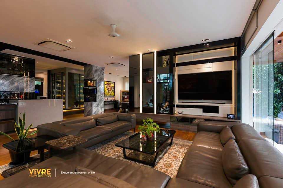 Modern Living Room with Bookshelf and Parquet Floor