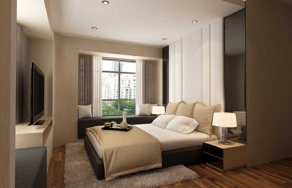 Modern Bedroom with Parquet Floor and Bay Window