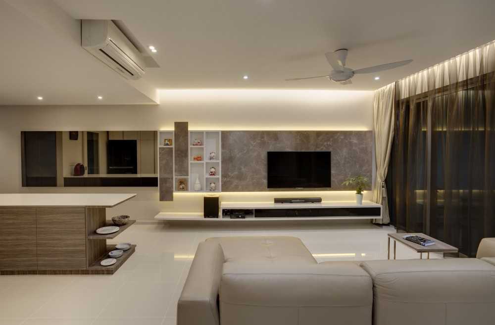 Contemporary Living Room with Homogeneous Tiles and TV Console