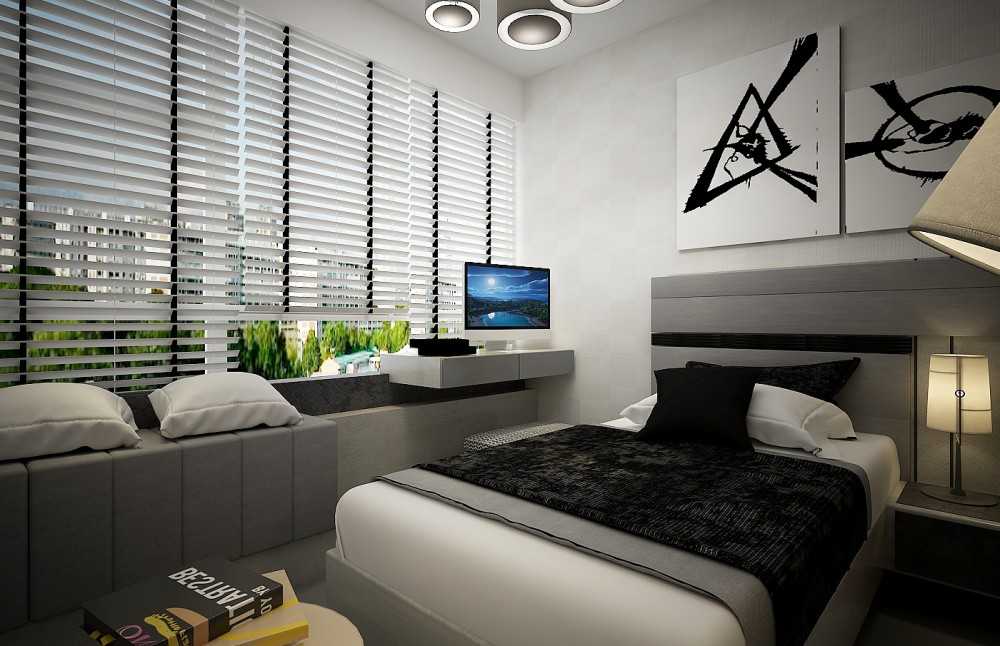 Modern Bedroom with Bay Window and Bedside Table