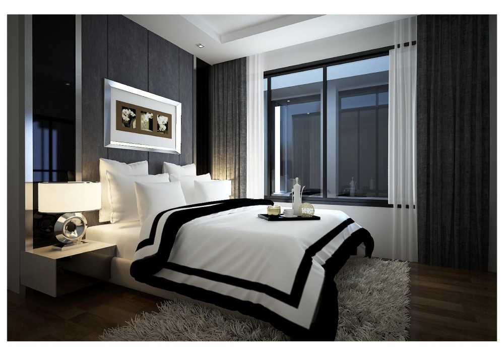 Modern Bedroom with Parquet Floor and Drop Ceiling
