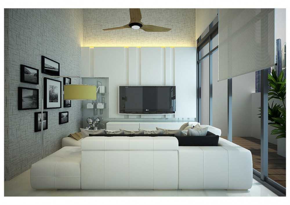Modern Living Room with Homogeneous Tiles and TV Console