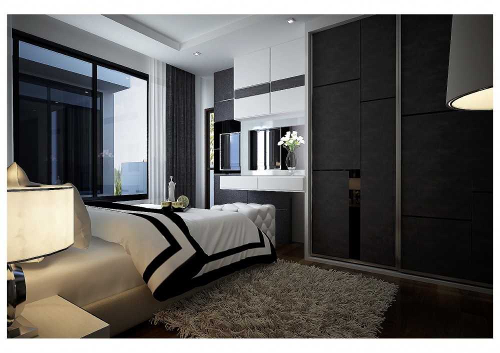 Modern Bedroom with Parquet Floor and Drop Ceiling